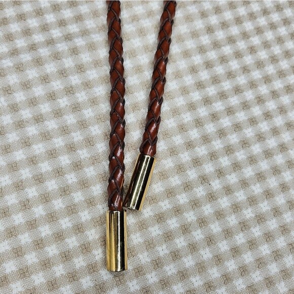 Vintage 90's Boho Flexible Braided Leather Goldtone Hardware Ring Tubular Belt - Picture 3 of 9